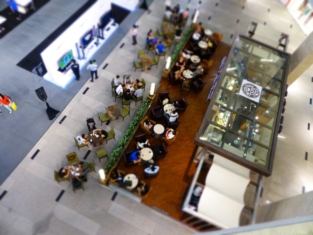 Aerial photo of some tables in a shopping mall.