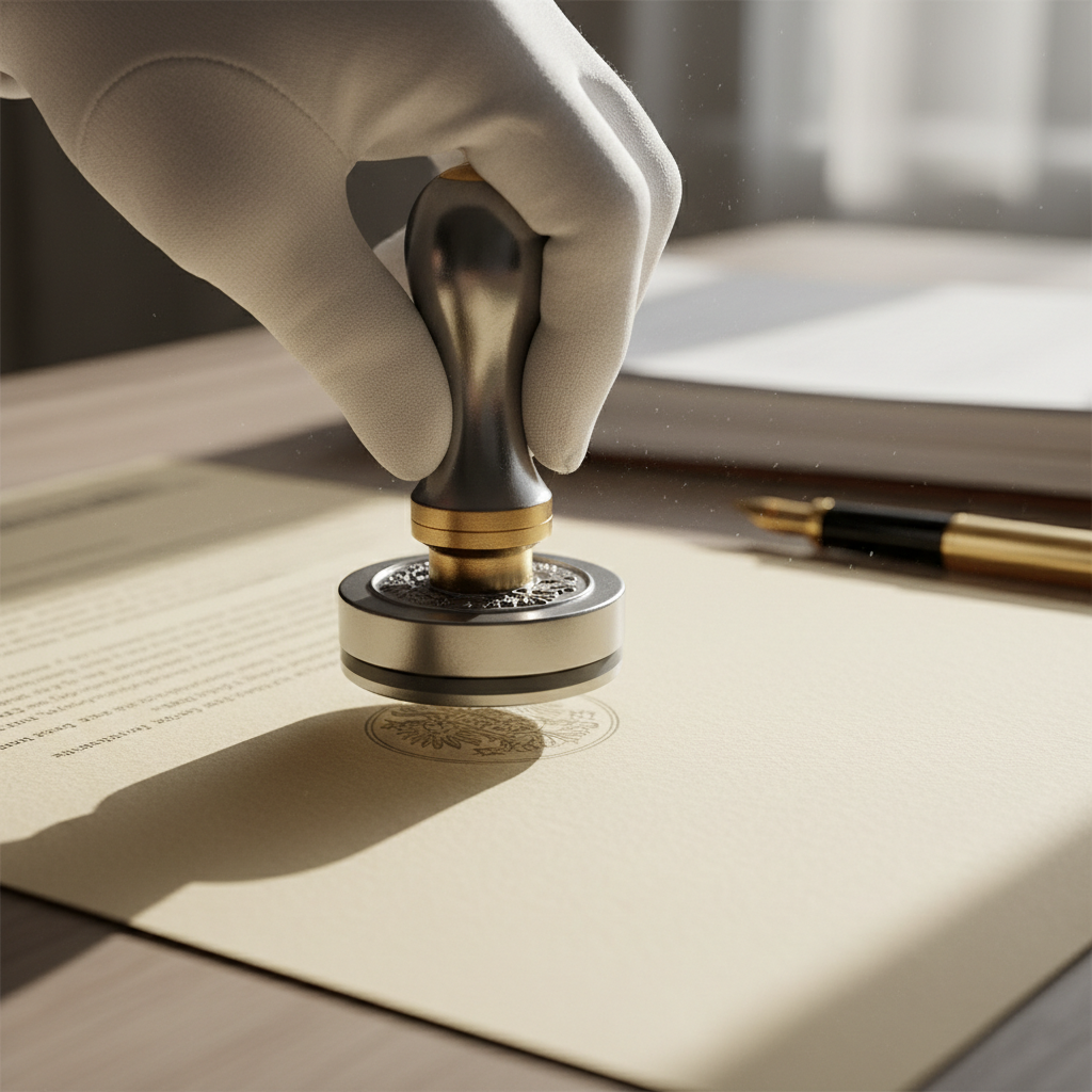 Close up of a metal seal stamping a document to illustrate the technical duties of a notary public in a legal office.