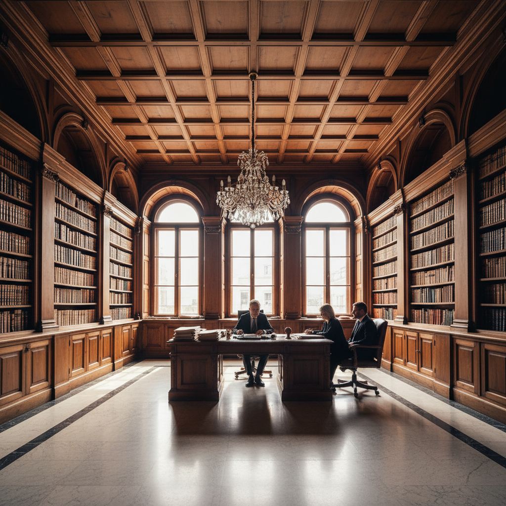 Professional office setting where a notary public performs official duties of a notary public for clients in a wide view.