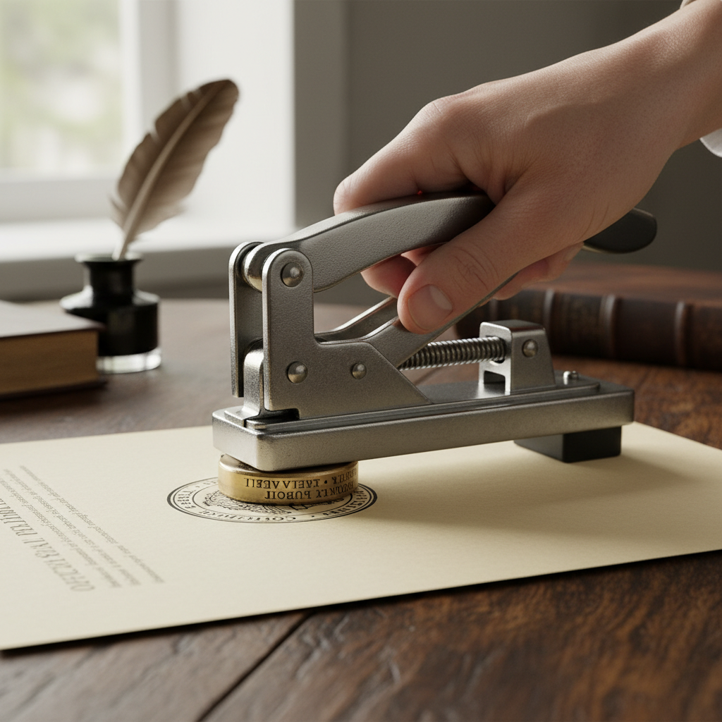 Close up of a notary public hand using a metal seal embosser to authenticate a legal document on a desk.