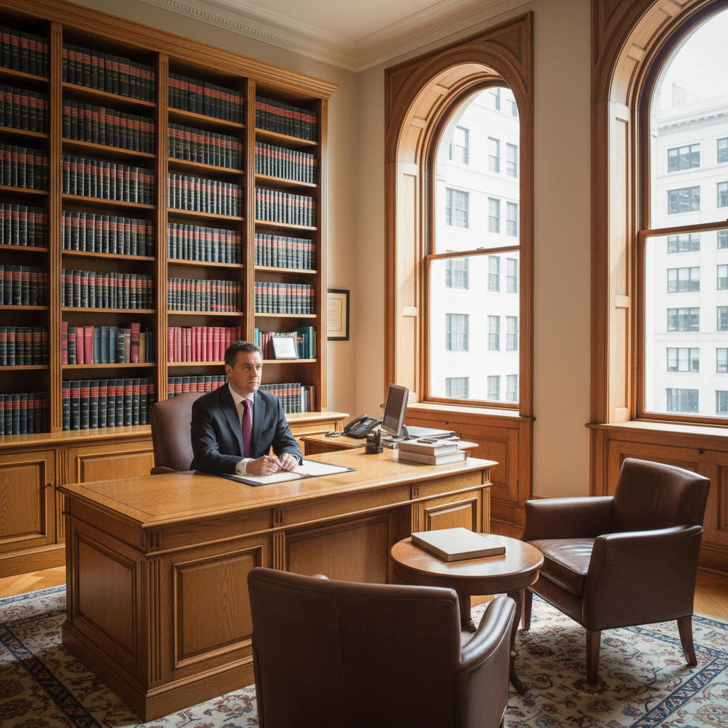 Wide shot of a professional notary public office with a wooden desk and legal books in a bright sunlight room.