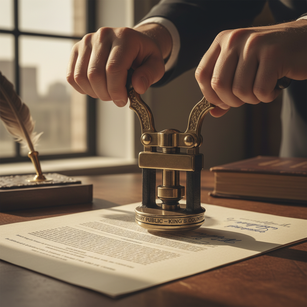 Close up of a professional hand using a metal seal for services of a notary public on official paperwork.