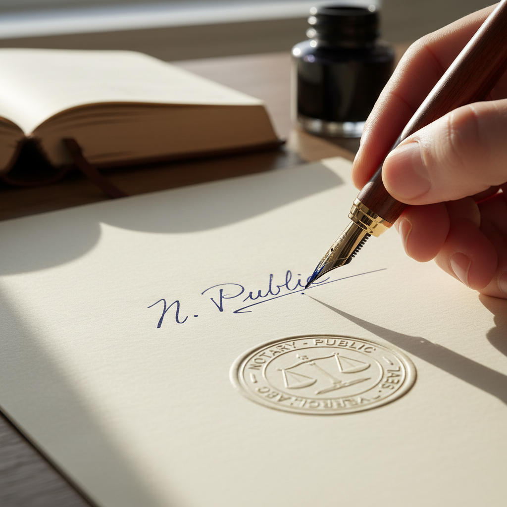 Close up of a hand using a fountain pen to provide the signature of a notary public on a formal paper document.
