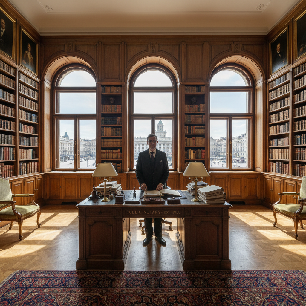 Wide shot of a professional office where a legal expert prepares the signature of a notary public on official documents.