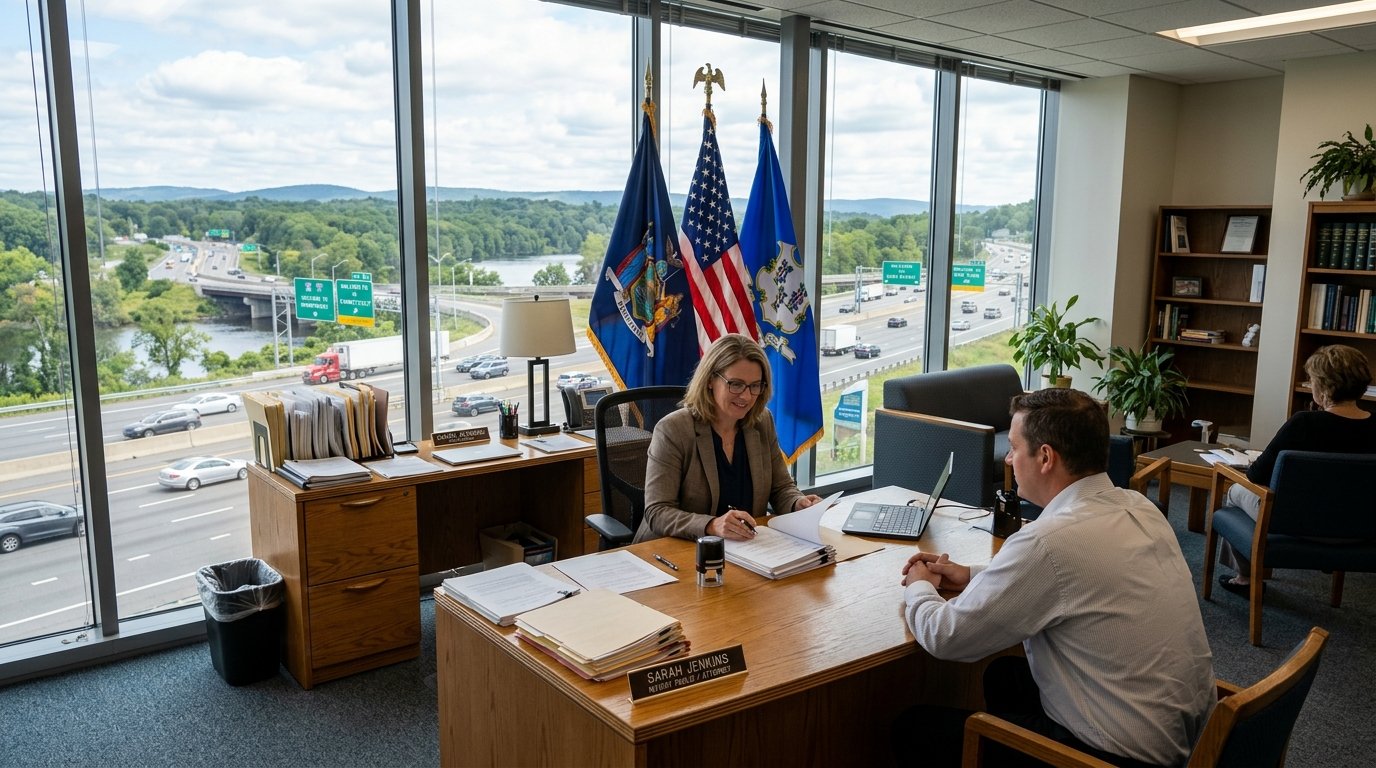 Legal office with state flags and a desk showing why people ask can i notarize in another state while traveling.