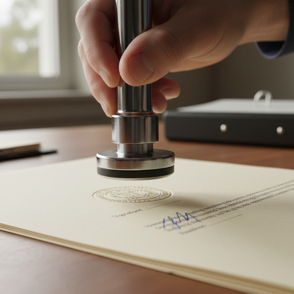 Close up of a hand using a notary seal on a contract to answer can you notarize your own documents legally.
