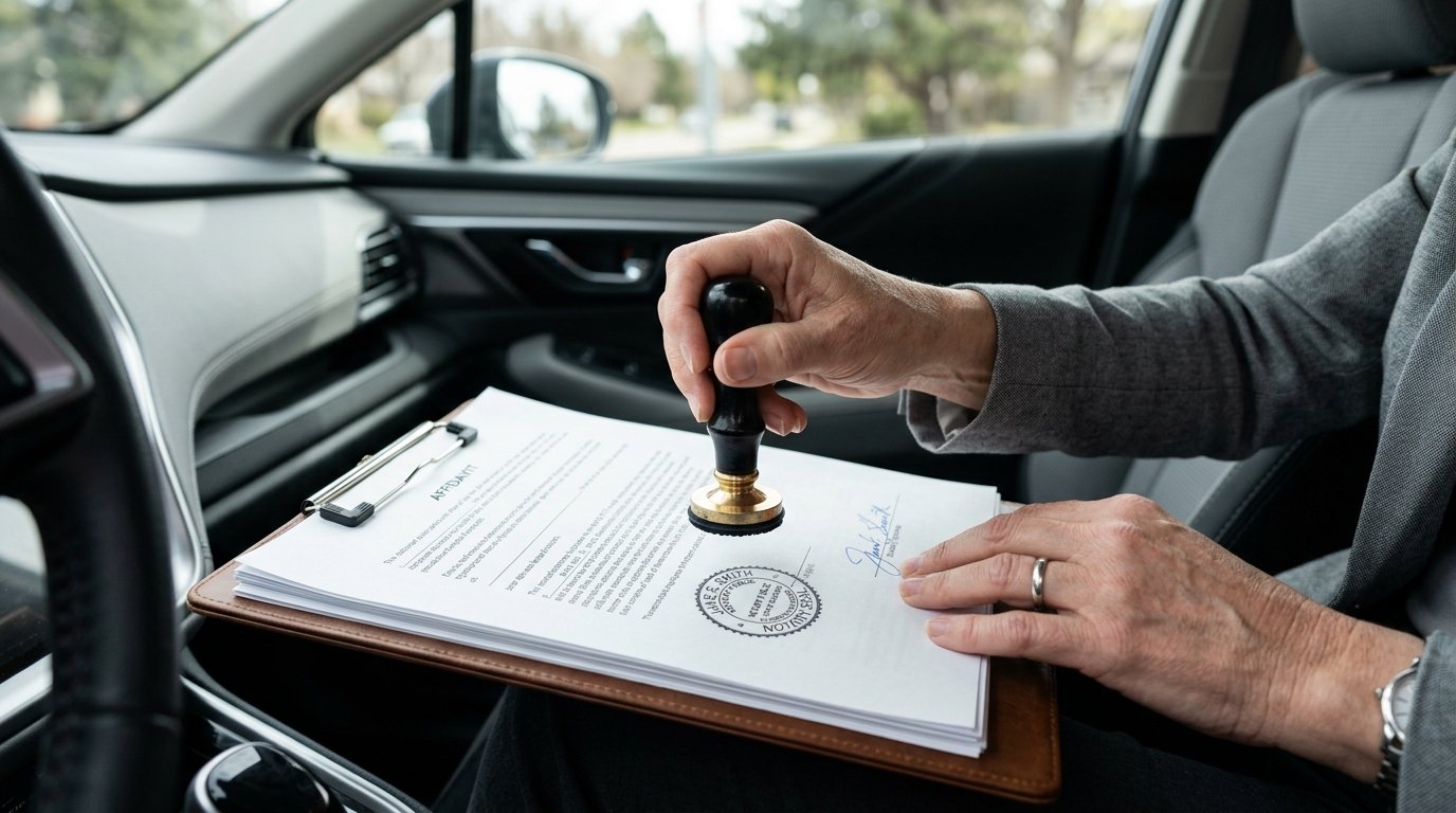 Close up of hands stamping a document to show how do mobile notaries travel outside Orlando to provide legal signing services.