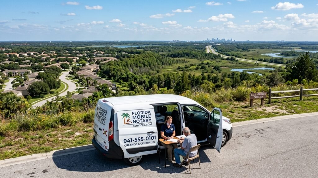 Professional car parked near an Orlando highway showing how do mobile notaries travel outside Orlando to reach rural clients.