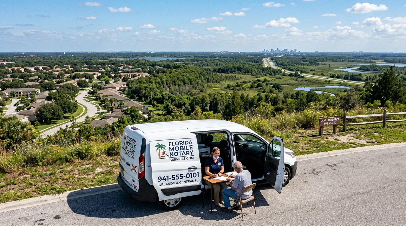 Professional car parked near an Orlando highway showing how do mobile notaries travel outside Orlando to reach rural clients.