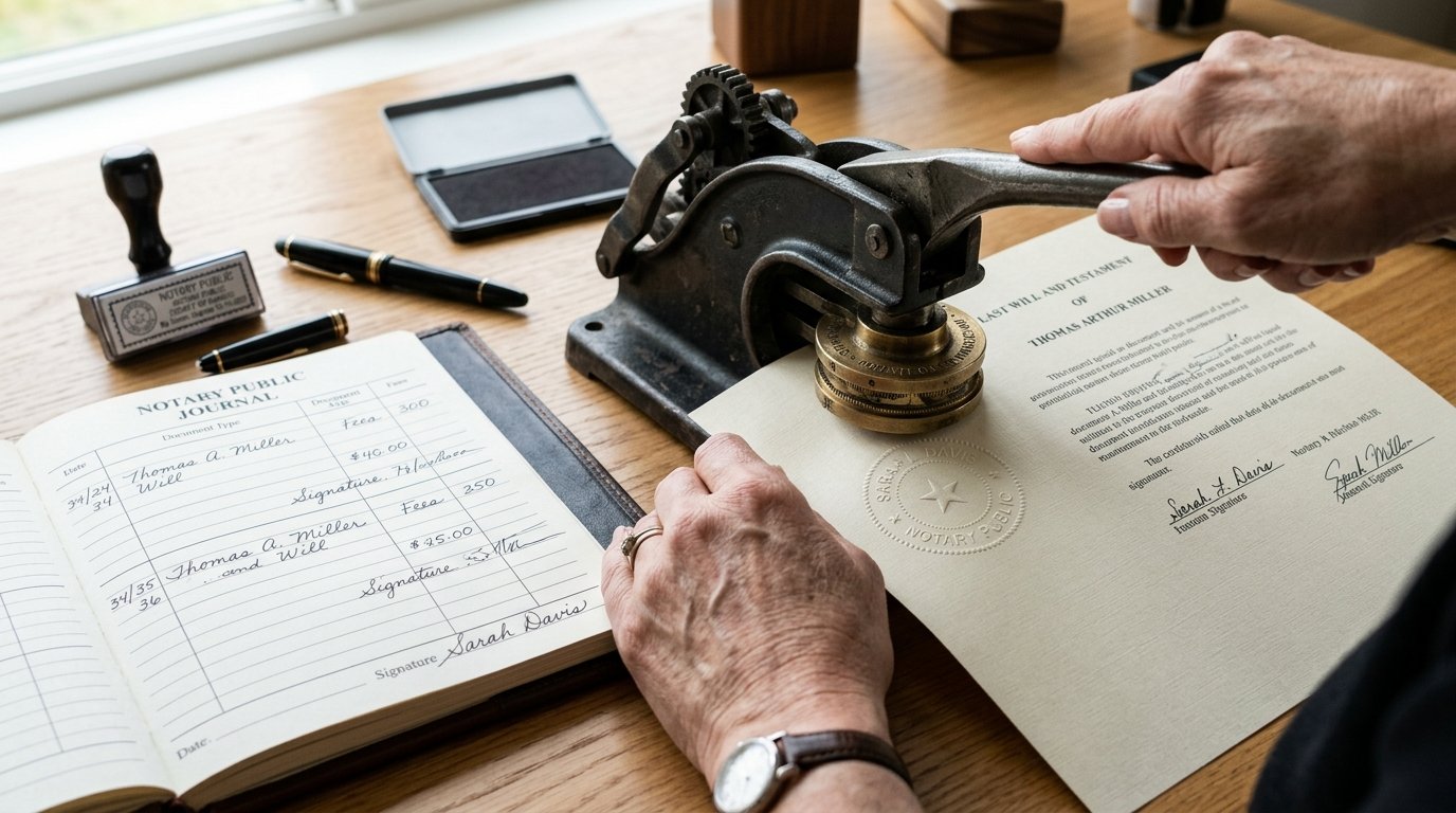 Close up of a notary stamping a page to show how does a notary keep a copy of documents in a professional logbook.