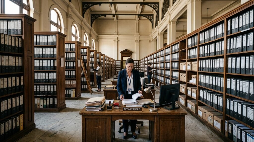 Wide view of a notary in a vast archive room answering does a notary keep a copy of documents by filing legal records.
