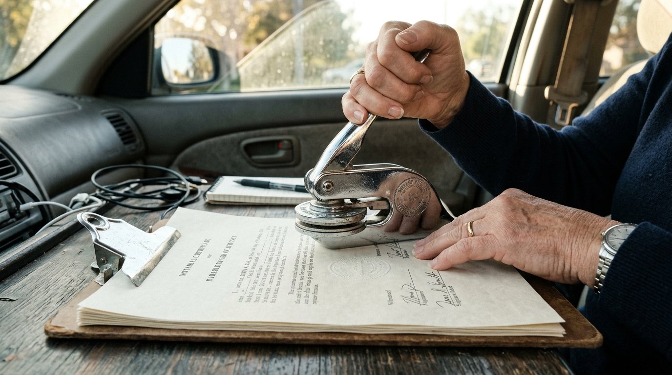 Close up of a notary signing papers during a trip to show how far will a mobile notary travel to reach a customer.