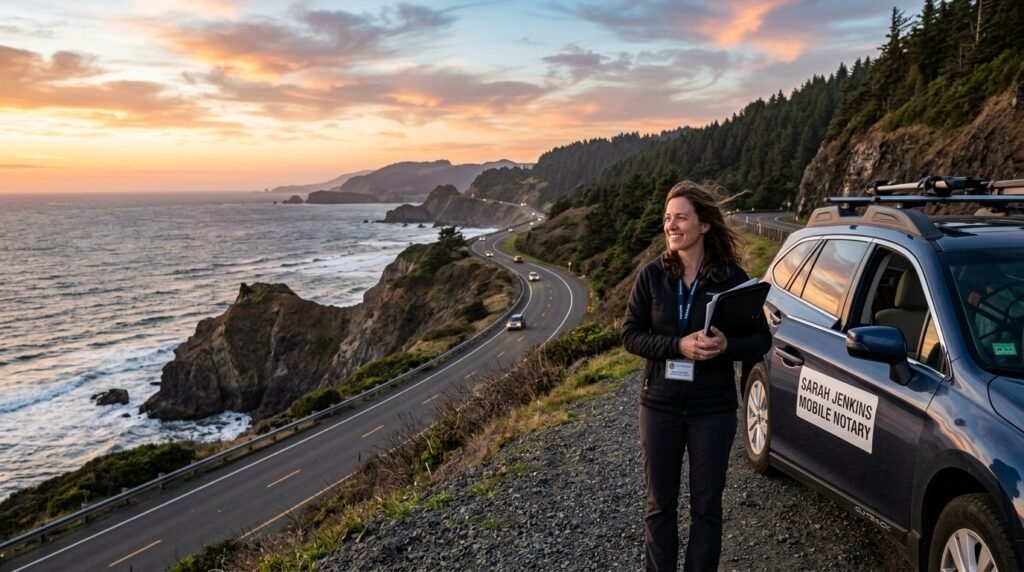 A mobile notary stands by a car on a long highway showing how far will a mobile notary travel for distant clients.