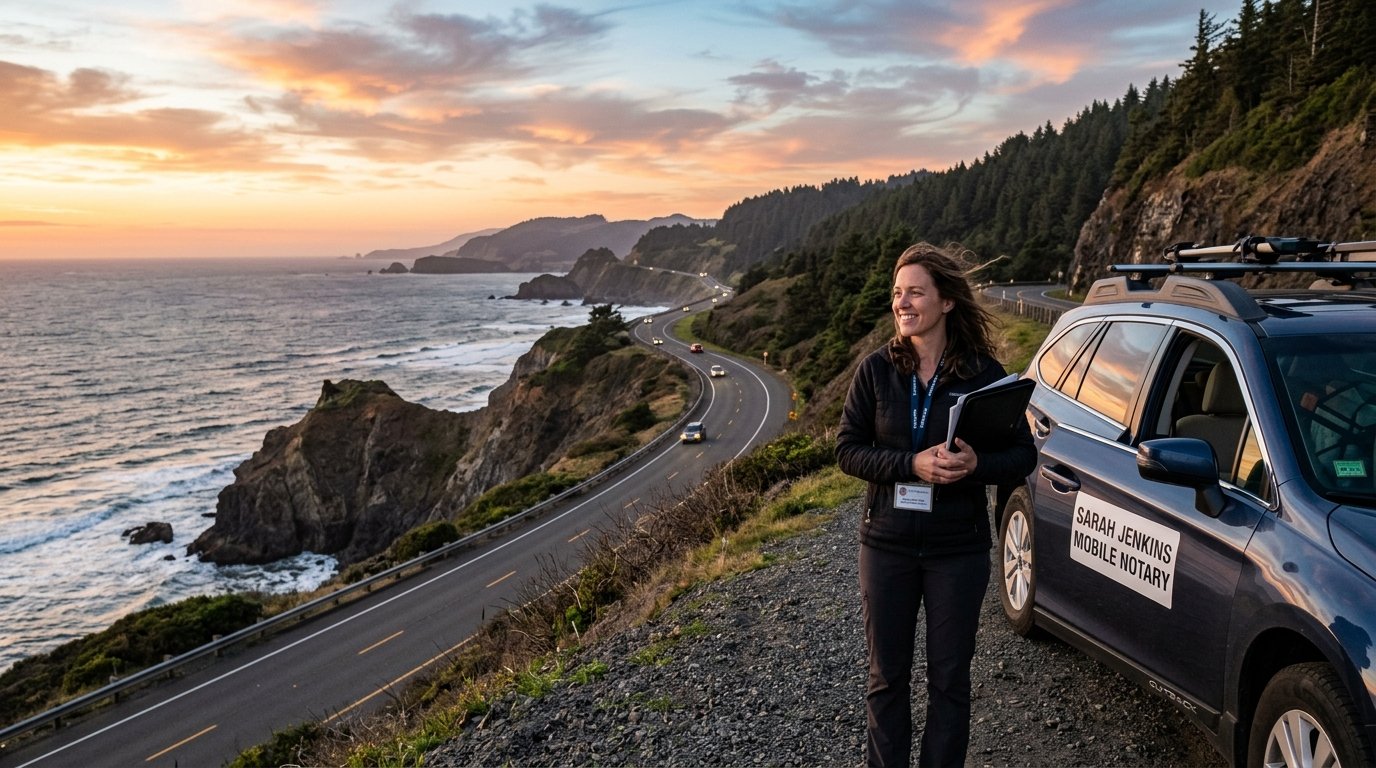A mobile notary stands by a car on a long highway showing how far will a mobile notary travel for distant clients.