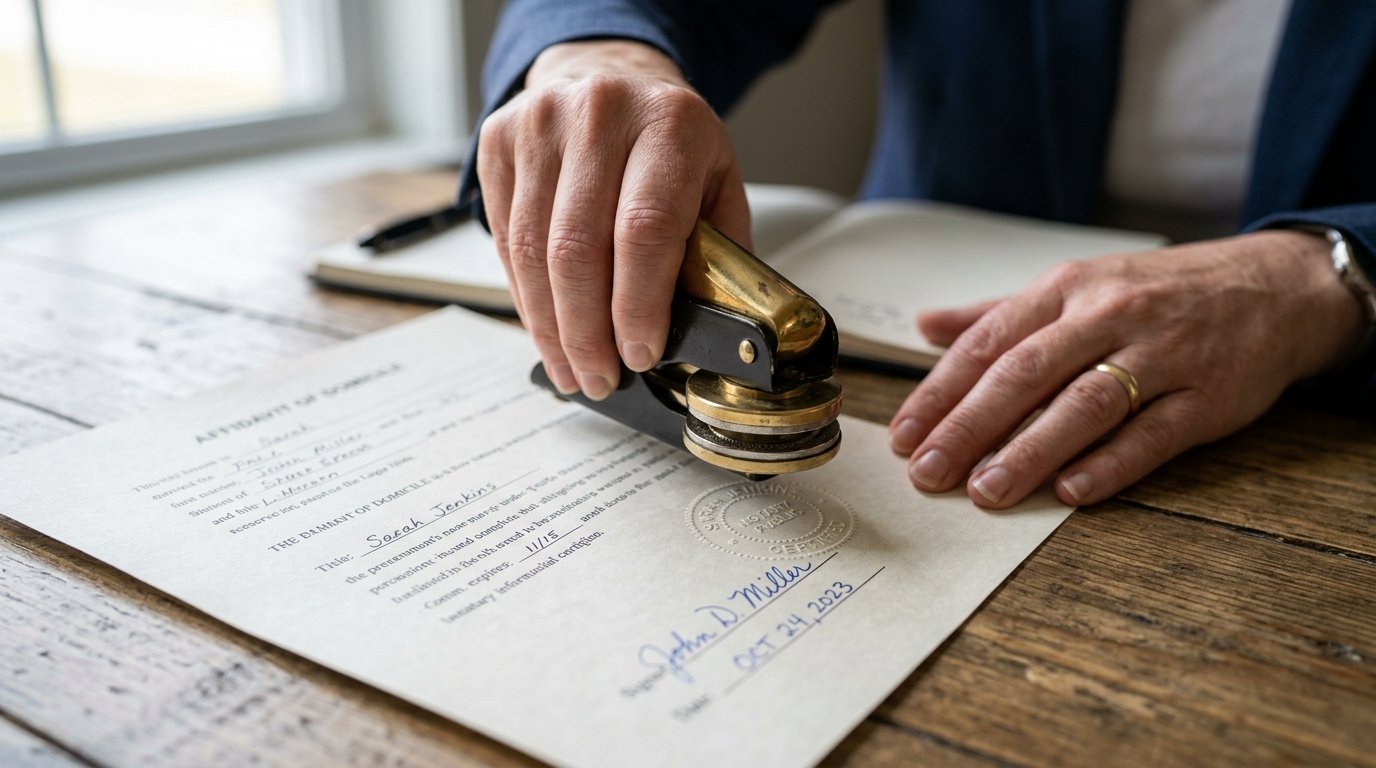 Close up of a notary stamping a document to show how fast can a mobile notary come for urgent legal needs.