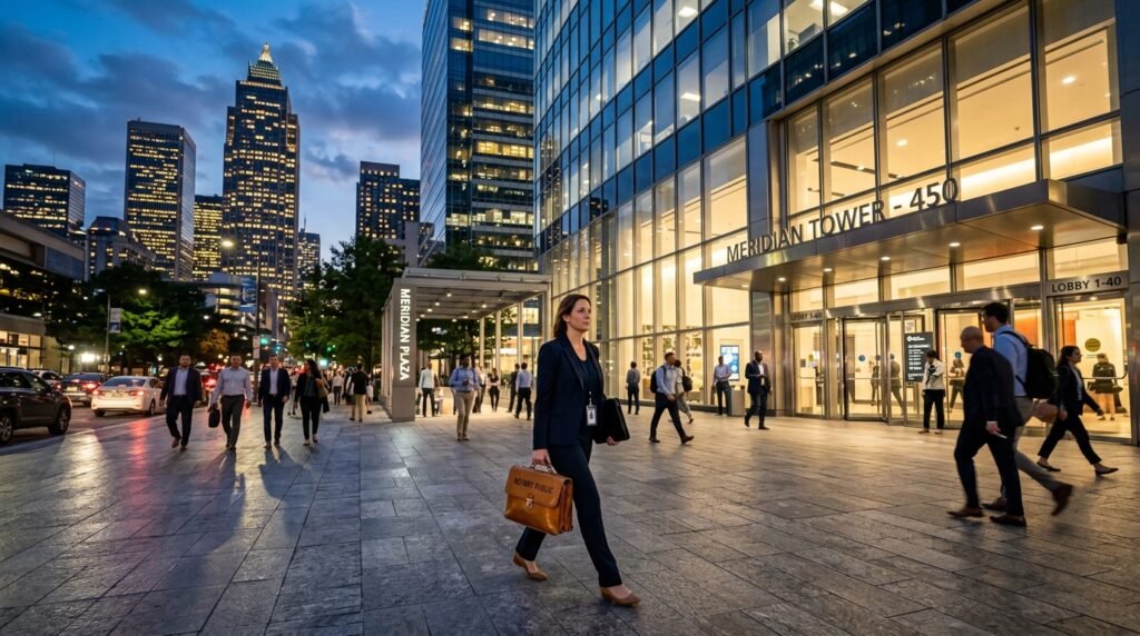 A mobile notary arrives at a city office building showing how fast can a mobile notary come to help clients.