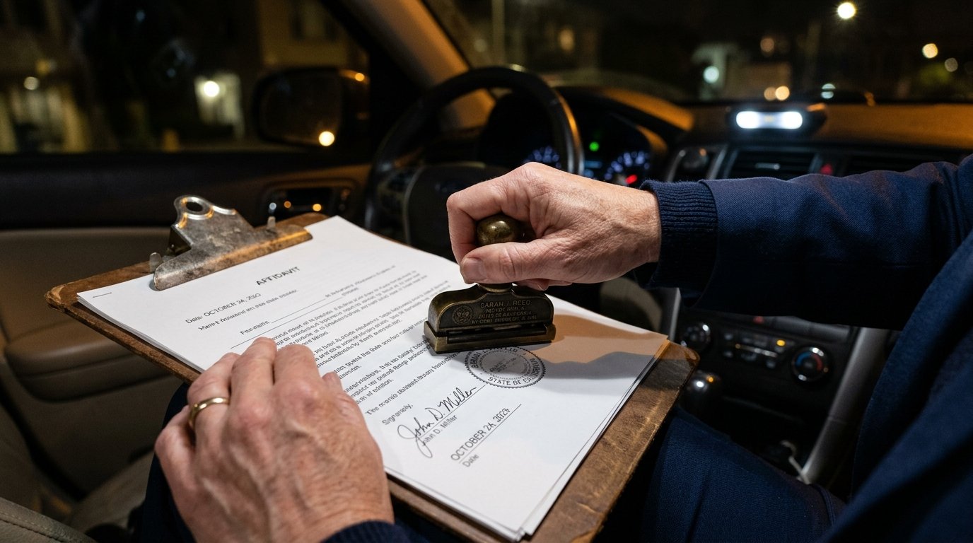 Close up of hands using a seal on documents during a mobile notary after hours service in a vehicle.