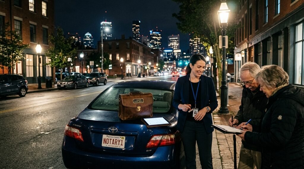 A professional mobile notary after hours standing by a car on a dimly lit city street at night with urban lights.