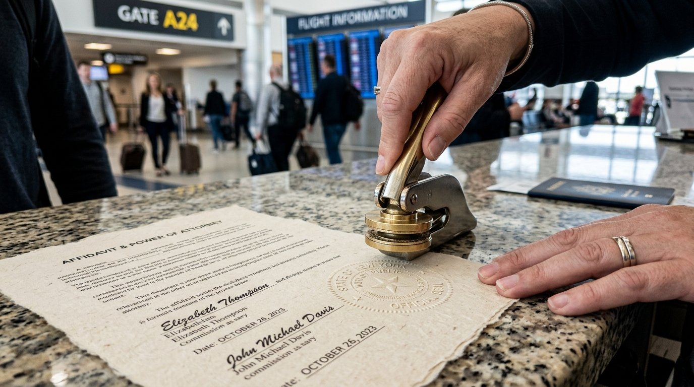 Close up of hands using an official seal on documents held by a mobile notary at airport counter for a traveler.