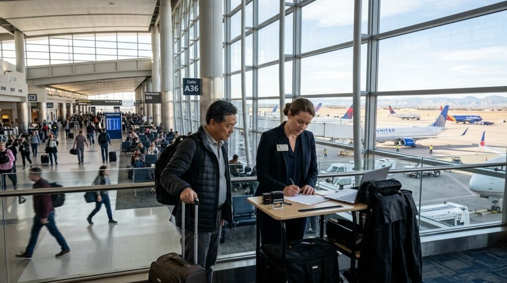 A professional mobile notary at airport terminal standing by large windows with planes parked outside in a wide view.