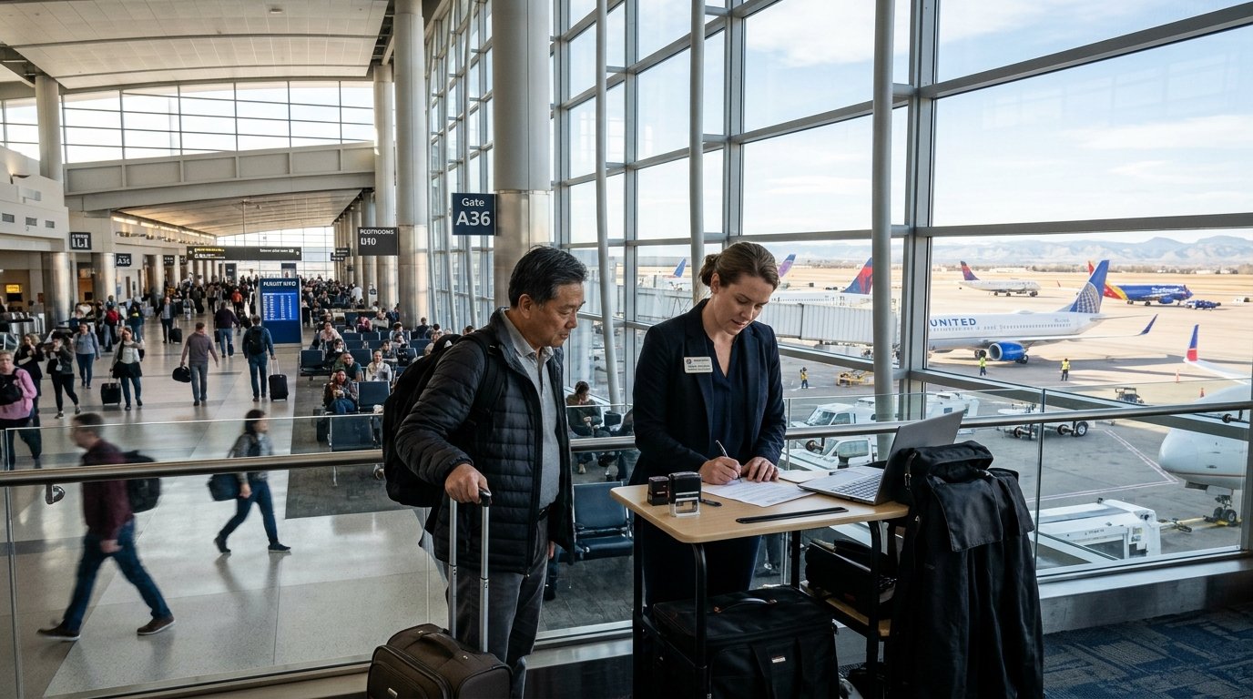 A professional mobile notary at airport terminal standing by large windows with planes parked outside in a wide view.