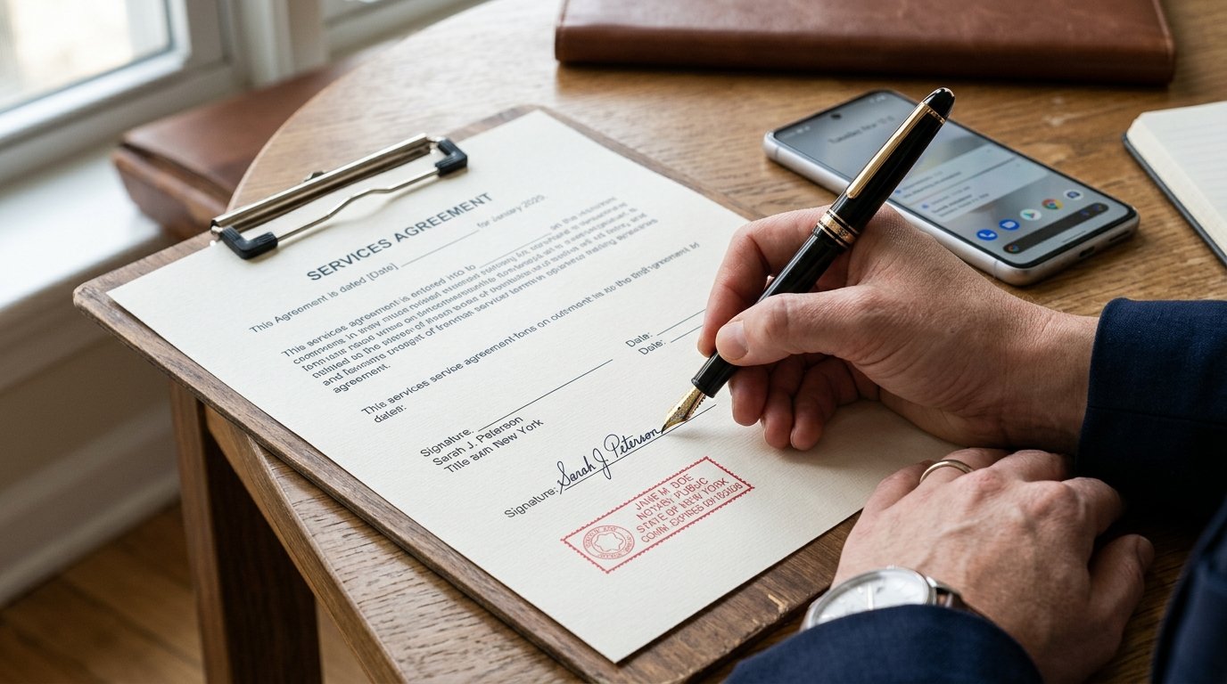 Close up of a hand signing a document with a pen while a mobile notary at home prepares the official stamp.