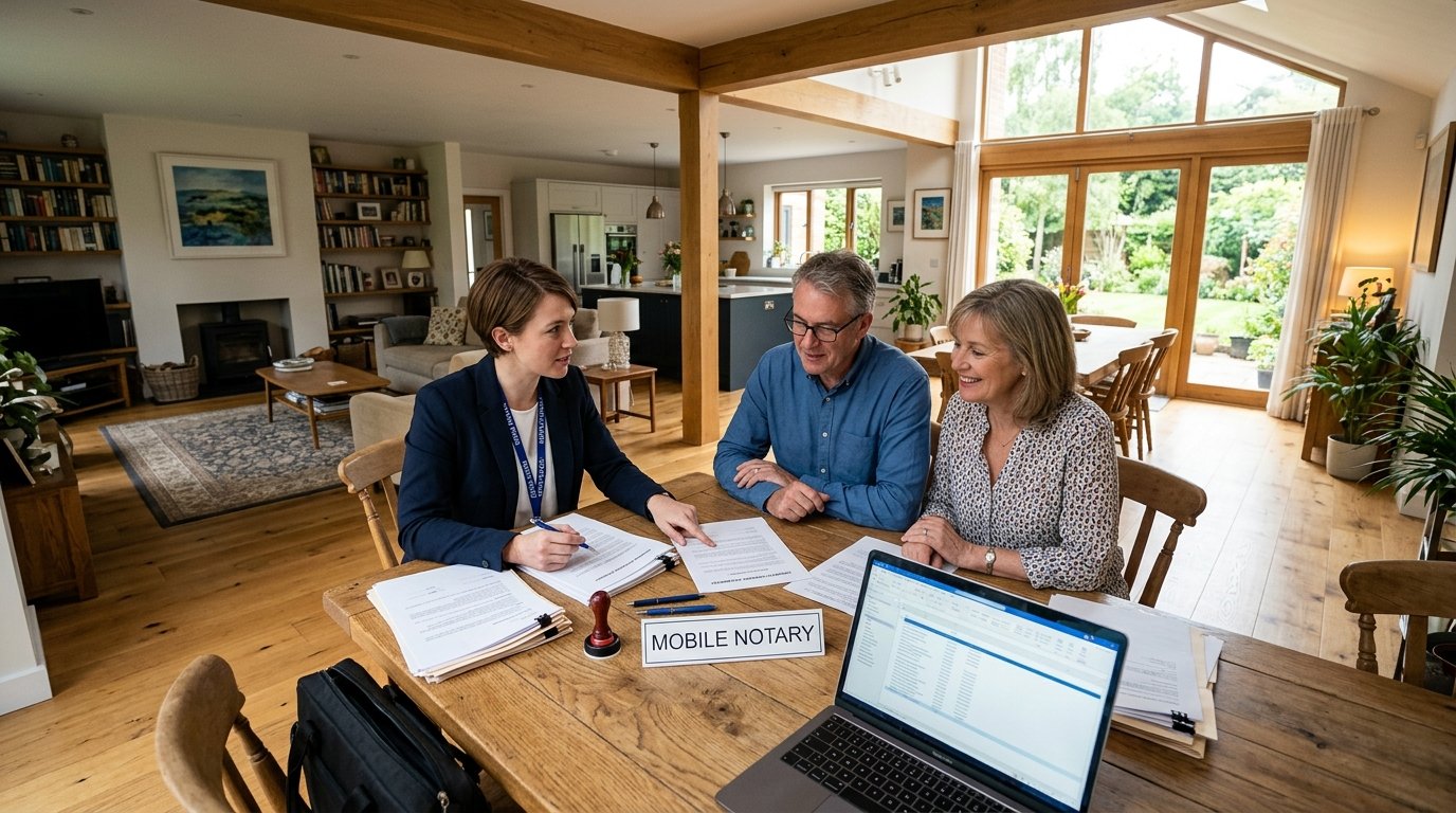A mobile notary at home sitting with a couple in a bright living room discussing legal paperwork for a signature.