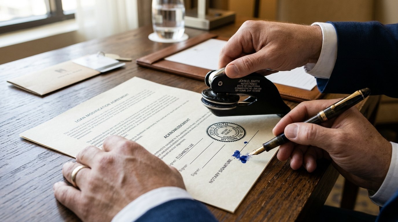 Detailed close up of a mobile notary at hotel using a professional seal and pen to authorize legal travel documents.