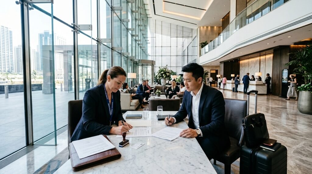 Professional mobile notary at hotel lobby signing documents with a client in a bright and spacious luxury atrium setting.