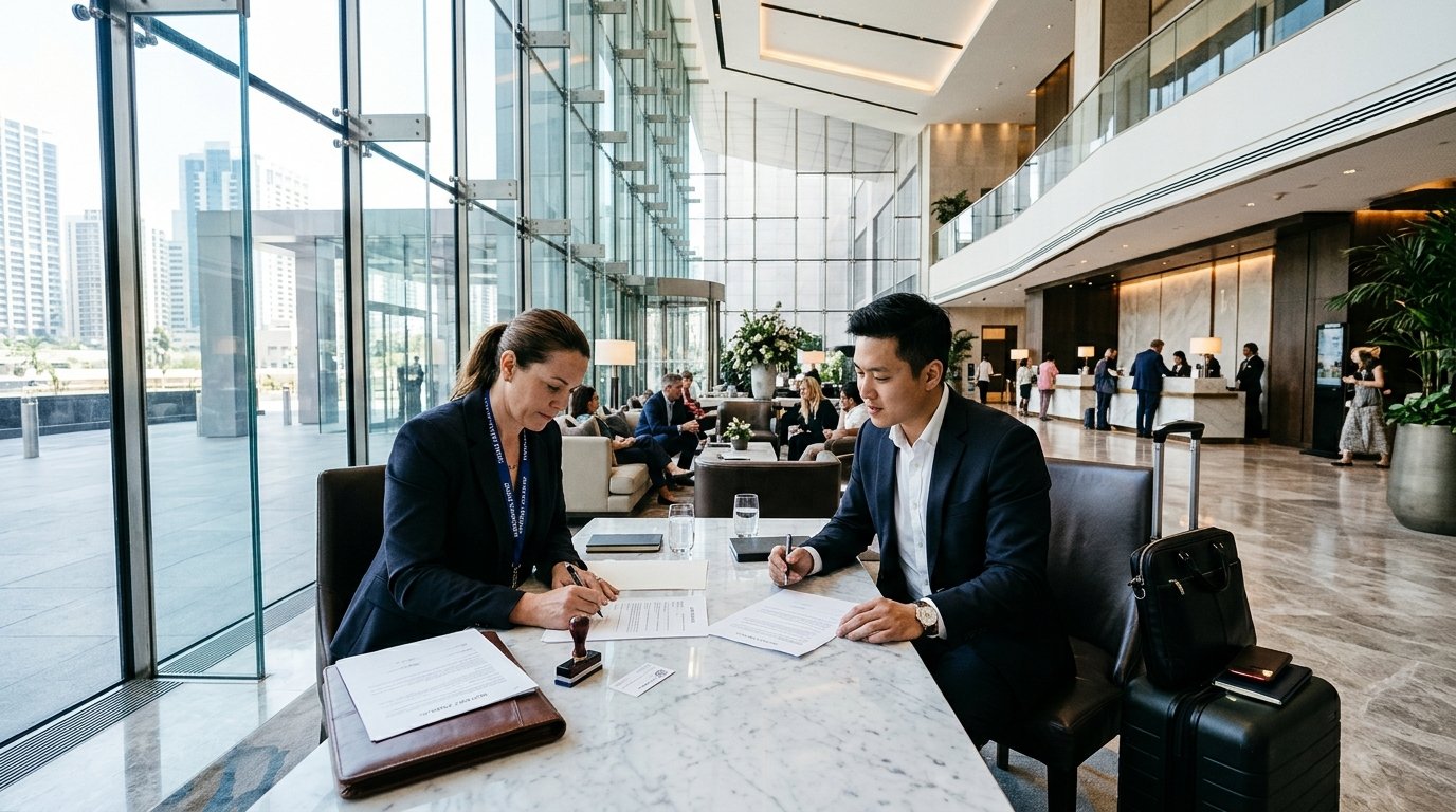Professional mobile notary at hotel lobby signing documents with a client in a bright and spacious luxury atrium setting.