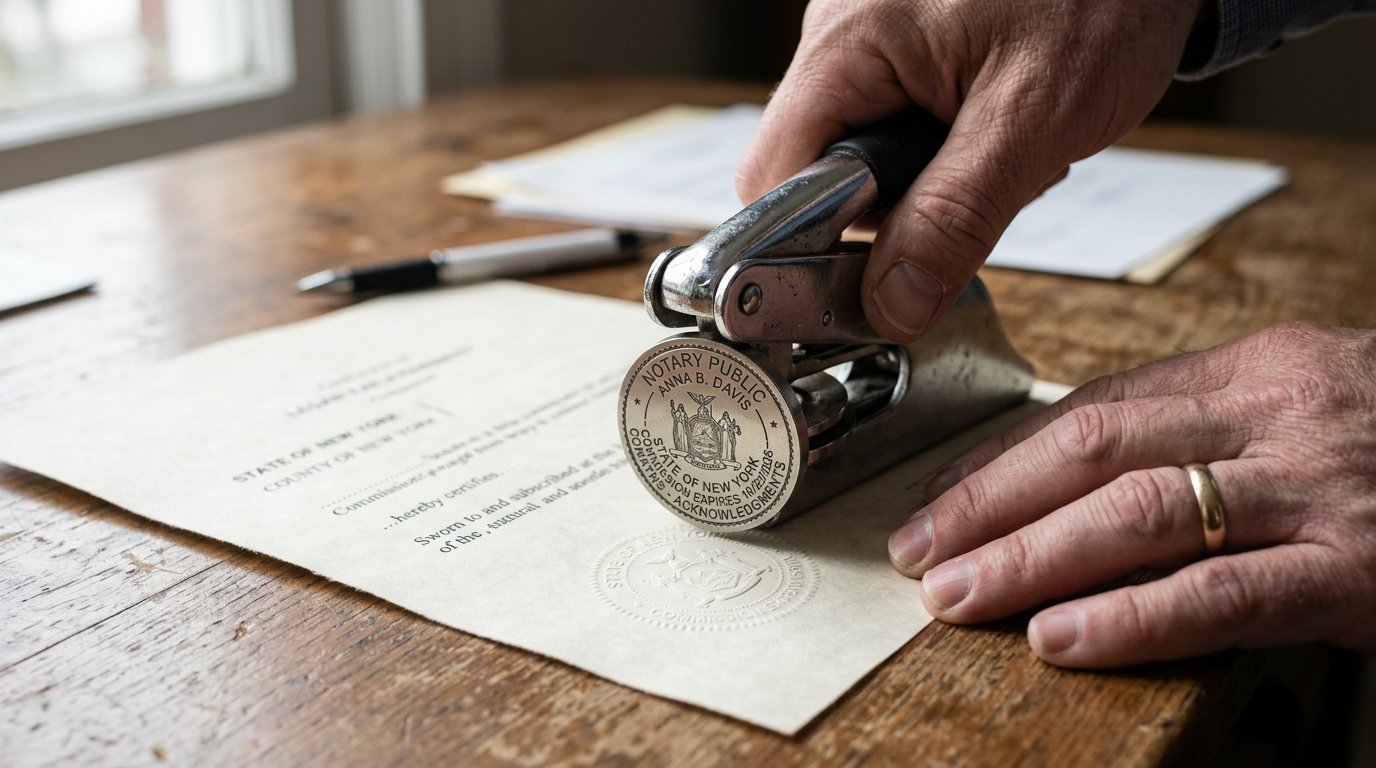Close up of a mobile notary at my office stamping a legal document with a professional metal seal on a desk.