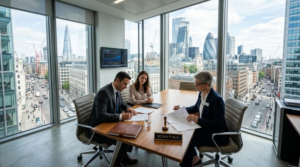 A professional mobile notary at my office meeting a client in a bright wide angle corporate conference room setting.