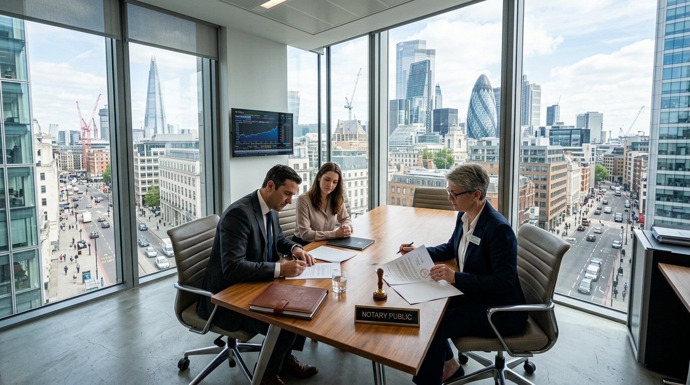 A professional mobile notary at my office meeting a client in a bright wide angle corporate conference room setting.