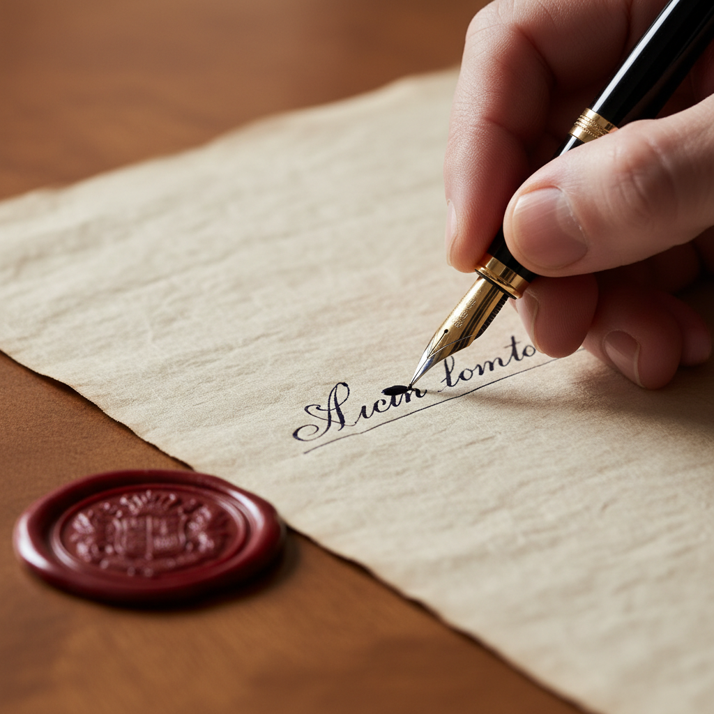 A detailed close up of a hand signing an official notarial record with a fountain pen on textured parchment paper.