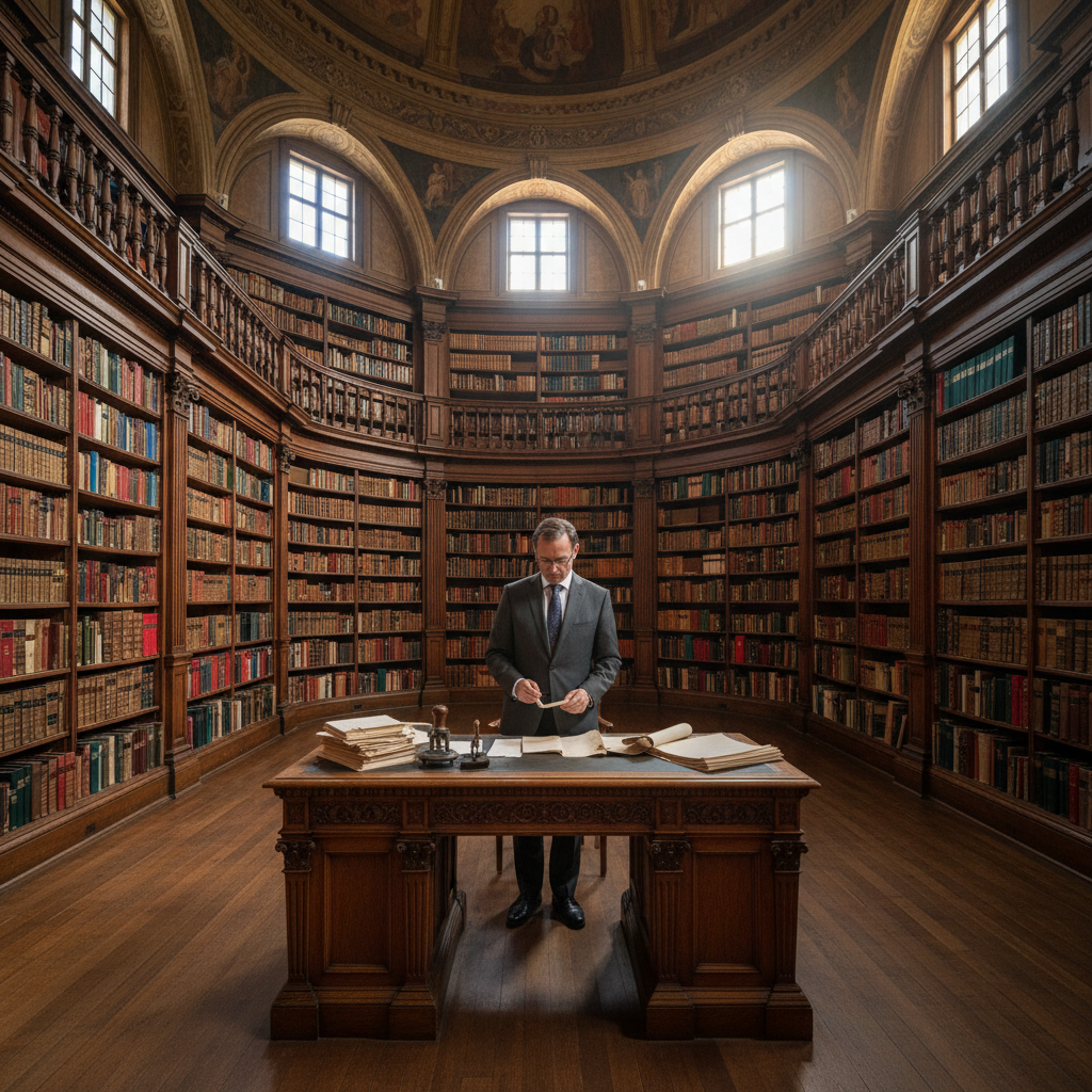 A wide view of a grand library archives hall where a professional official organizes a historic notarial record collection.