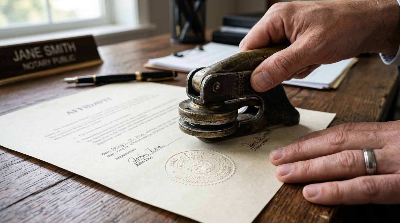 A detailed close up of a hand using a metal embosser seal on a document during a formal notarization.