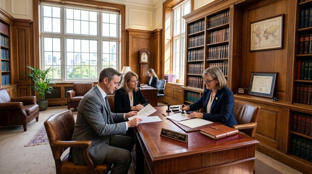 A wide shot of a professional legal office where three people sit at a large desk for an official notarization process.