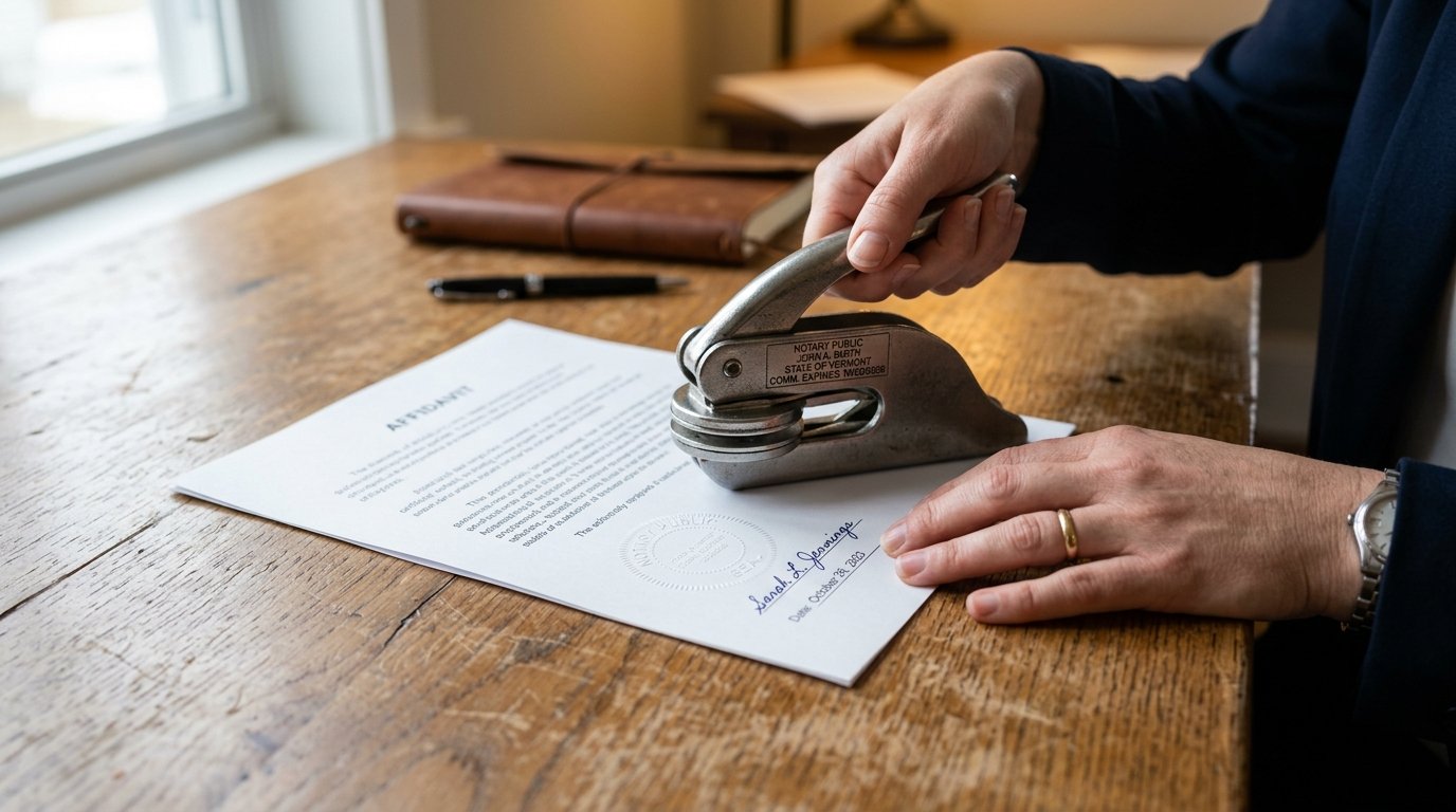 Close up of a document being stamped by a weekend mobile notary Orlando specialist during a private signing.
