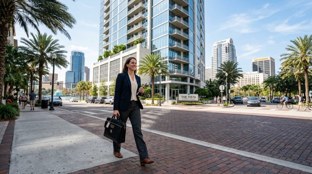 A professional providing weekend mobile notary Orlando services walking near downtown buildings during the day.