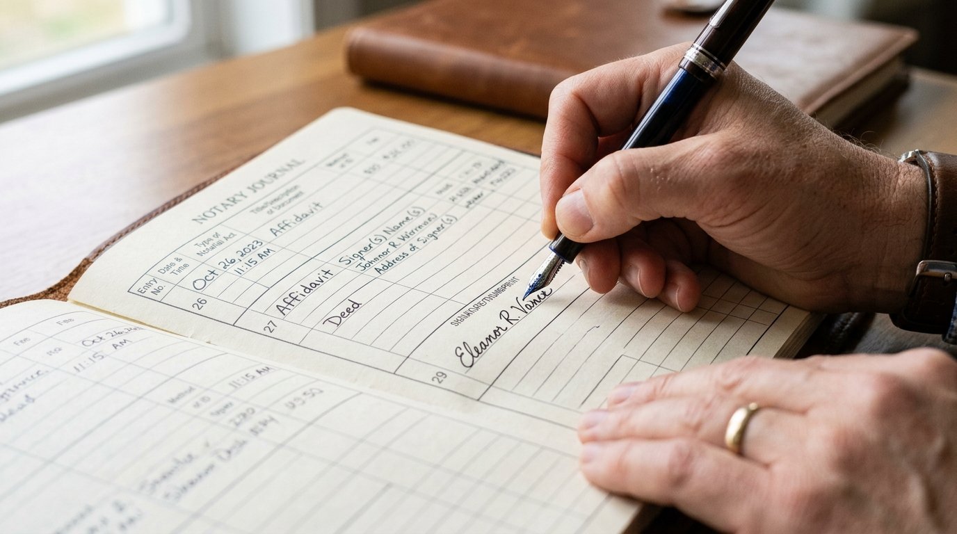 Close up of a hand signing a logbook to explain what is a notary journal and how records are officially maintained.