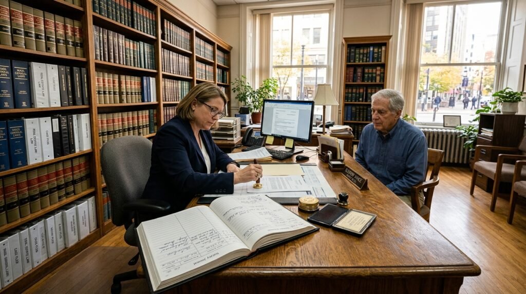 Wide shot of a professional office with a notary journal on a desk showing what is a notary journal in a legal setting.