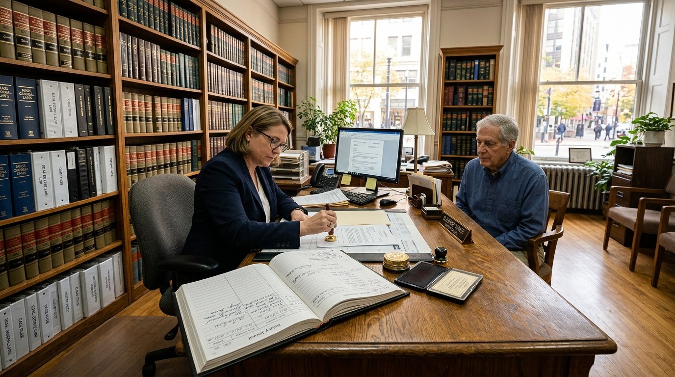 Wide shot of a professional office with a notary journal on a desk showing what is a notary journal in a legal setting.